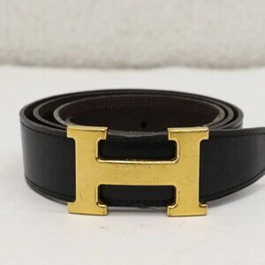 Hermes H Logo Reversible Gold Buckle Black Belt Mens Size 85